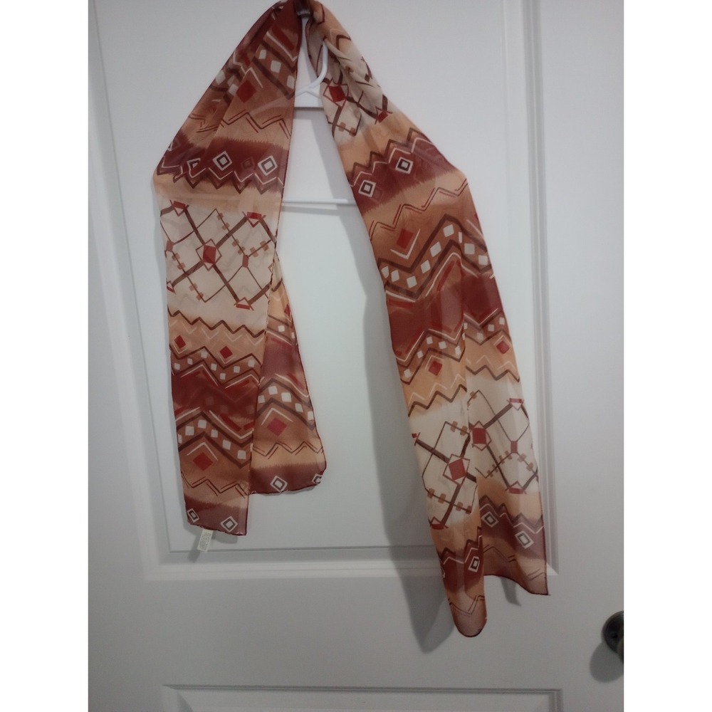 Vintage Geometric Oblong Scarf Brown Rust Cream Southwestern 13.5 x 60 Polyester